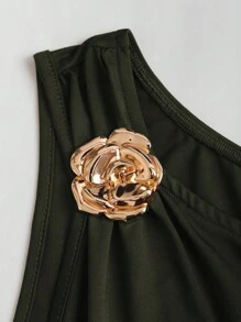 Sweetra 女士优雅纯色不对称领口迷你连衣裙，夏季 - 軍綠色 - 查看 4