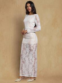 Glamine Nuevo vestido maxi de mujer de manga larga, ajustado, con espalda descubierta, abertura en el bajo, encaje tejido, sexy y elegante, para las cuatro estaciones, vestido de dama de honor, vestido de invitada de boda, vestidos para fiestas de mujeres, atuendos de cumpleaños para mujeres, vestidos elegantes para mujeres, atuendos de vacaciones para mujer, ropa de otoño para mujeres - Blanco - Ver 5