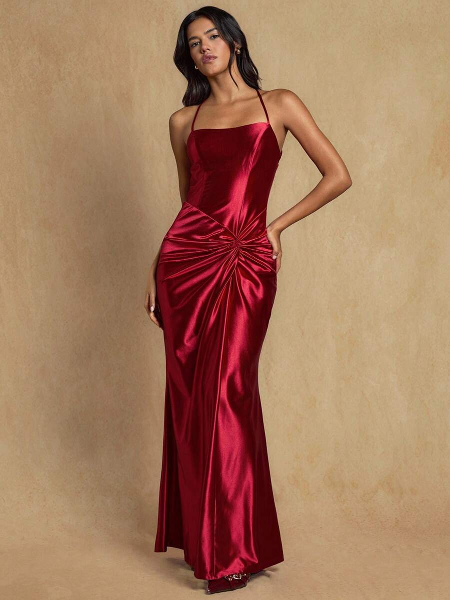 Glamine 女士红色缎面吊带裙，优雅修身连衣裙 - 紅色 - 查看 1