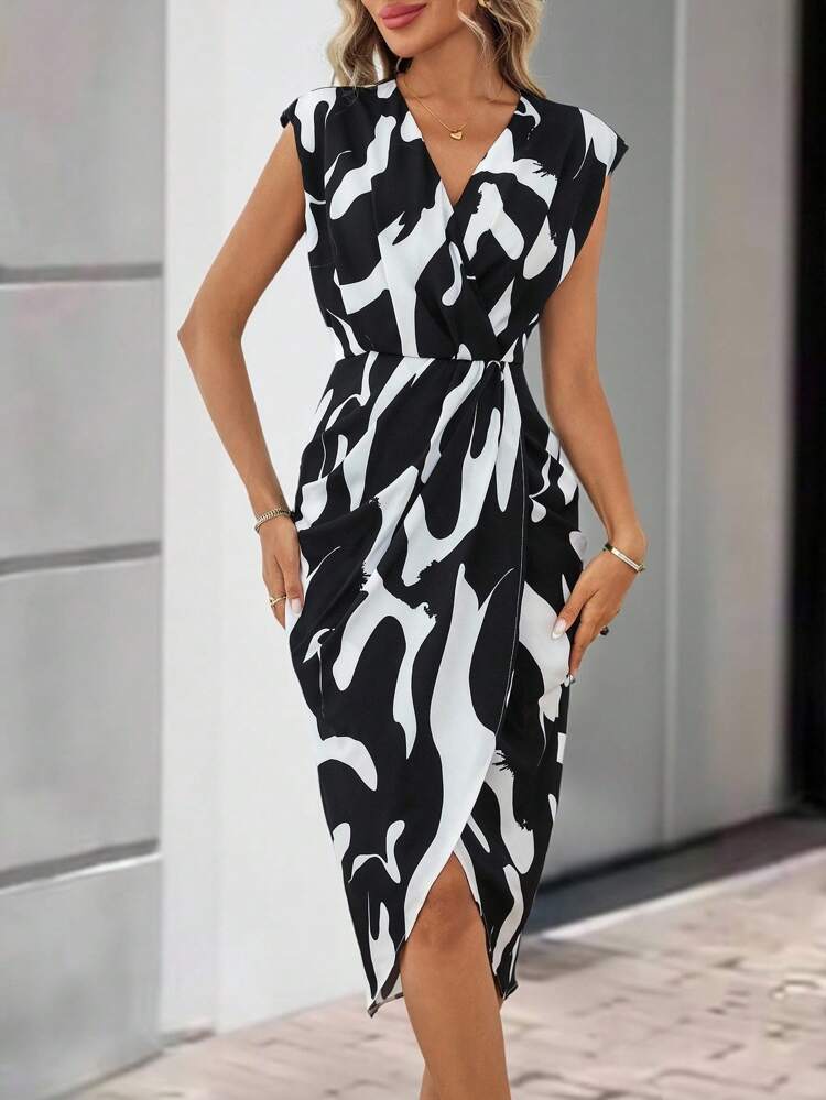 Women's Fashionable Plant Print Wrap Midi Dress, Summer Summer Dresses For Women Teacher Outfits For Women