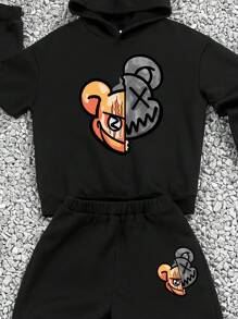 SHEIN 2 件套宽松卡通熊印花连帽运动衫和休闲裤，适合青少年男孩，夏季 - 黑色 - 查看 3