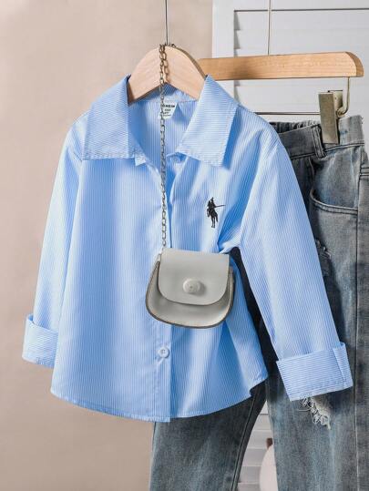 Elladie kids 1 Áo sơ mi sọc tay dài cổ bẻ cài nút thêu họa tiết phía trước cho bé gái, áo thường ngày mùa thu