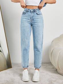 EURMUSE HIGH RISE MOM FIT LIGHT BLUE JEAN PETITE - Medium Wash - View 6
