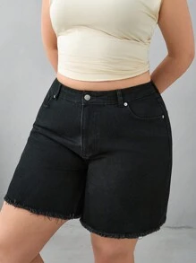 EURMUSE 100%纯棉原色下摆细节黑色大码迷你短裤 - 黑色 - 查看 3