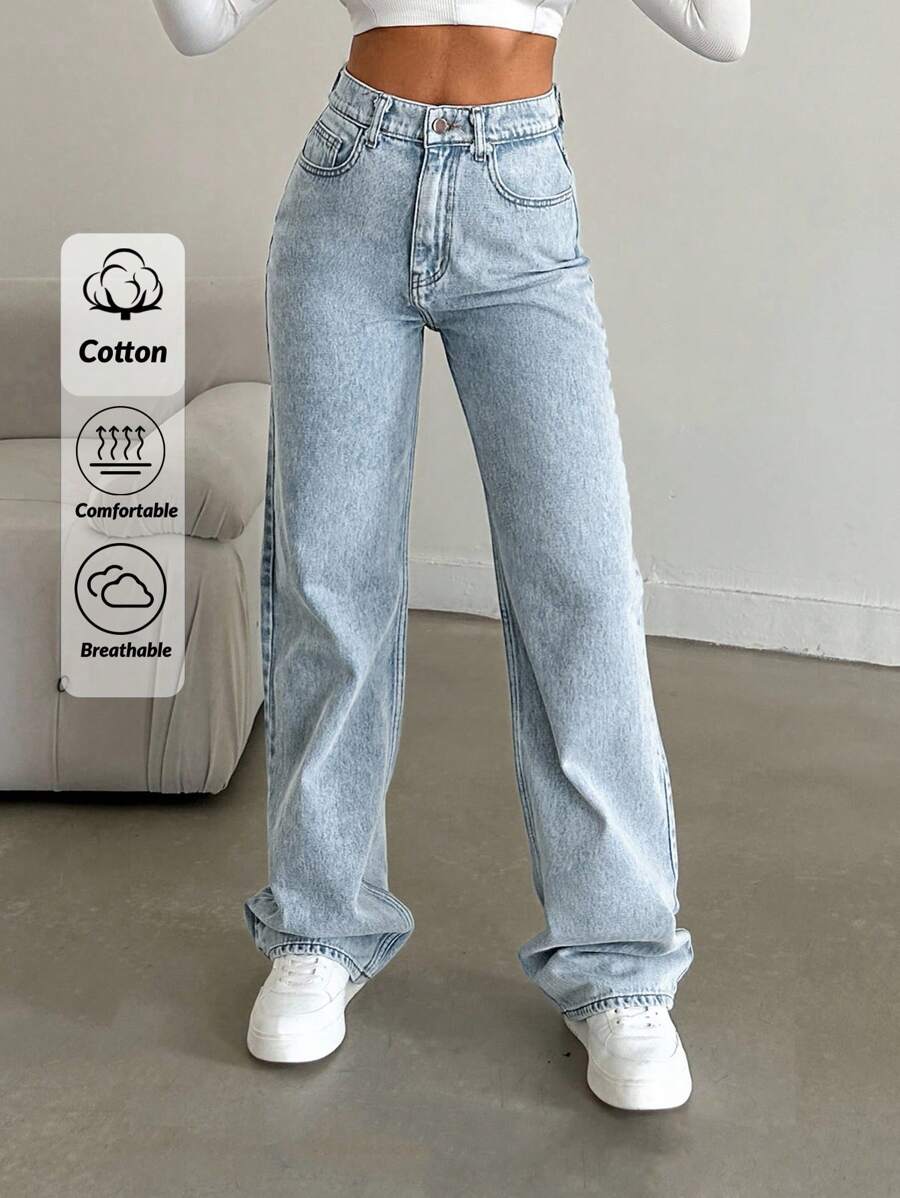 EURMUSE Snow Wash Straight Leg Jeans High Rise - Light Wash - View 1