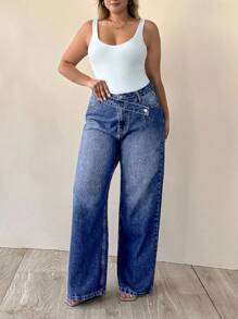 EURMUSE 100% Cotton Plus High Waist Asymmetric Belt Wide Leg Jean - Dark Wash - View 4