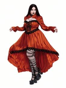 Whyspr 哥特朋克万圣节吸血鬼哥特式新款哥特式深色优雅缎面条纹二合一衬衫领泡泡袖连衣裙，派对/角色扮演短裙，前短后长设计秋季女装 - 橘色 - 查看 8