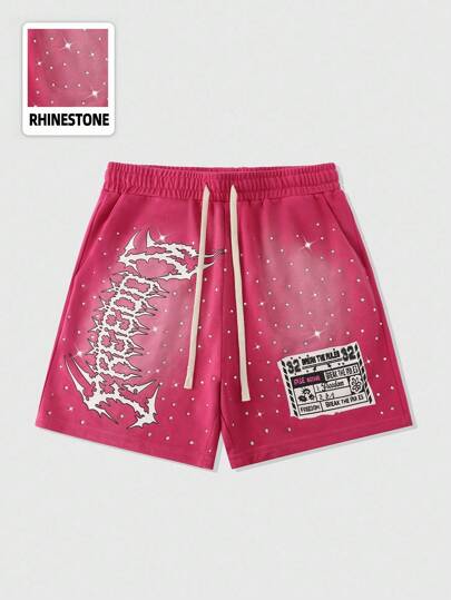 Street Life Pantalones cortos lavados con estampado de letras y diamantes brillantes para hombres