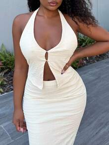 Alexandranx 2 Pieces Set - Solid Color Sexy Deep V-Neck Halter Textured Camisole & Low Waist Long Maxi Skirt, Women's White Resort Outfit Island Vacation Outfits - Apricot - View 3