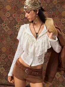 SHEIN x Rafa Kalimann Easelle 复古游牧民族荷叶边喇叭袖圆领女式衬衫 - 杏色 - 查看 6