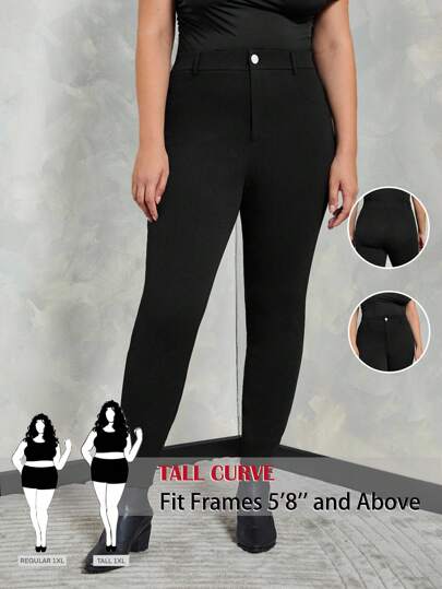 SHEIN Tall CURVE Plus Size Women Fashion Casual Comfortable Basic Daily Versatile Slim Black High Elastic Pants,Office,Airport,Teacher, Suitable For Autumn And Winter,Fall Clothes For Women