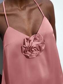 Maija Women's Summer Bubble Gum Pink Floral 3D Decor Tie-Back Halter Neck Tank Top, Casual Business Commute Elegant Vacation Off Shoulder Blouse