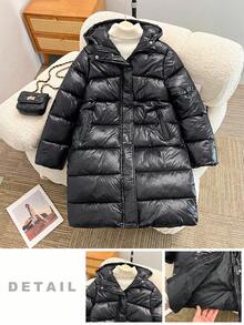 SHEIN 1pc Teen Girl Black Casual Outdoor Solid Color Thickened Hooded Long Jacket With Pockets, Autumn/Winter Fall - Black - View 7