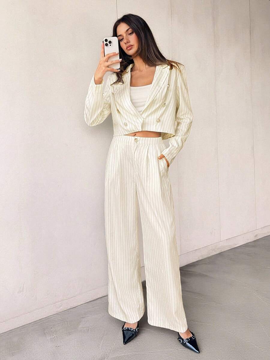 SHEIN Tall 2pcs Women's Regular Minimalist Double-Breasted Blazer And Pants Suit Setm,Fall Women Clothes,Business Casual Woman - Yellow - View 1