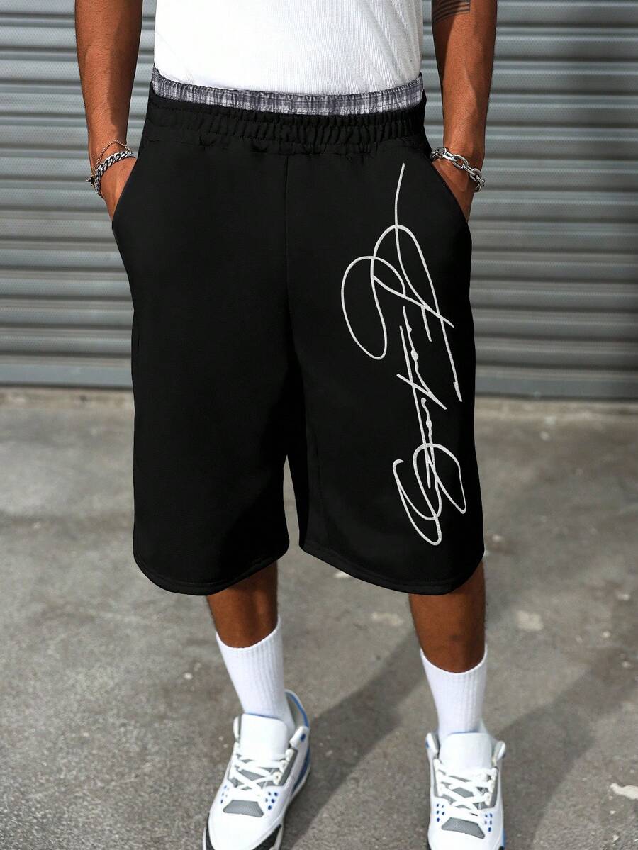 Manfinity EMRG 男式二合一腰带拼接刺绣短裤 - 彩色 - 查看 1