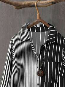 Linhara Plus Size Women Striped Long Sleeve Casual Loose Button Front Shirt Fall Cloth For Women - Black and White - View 4