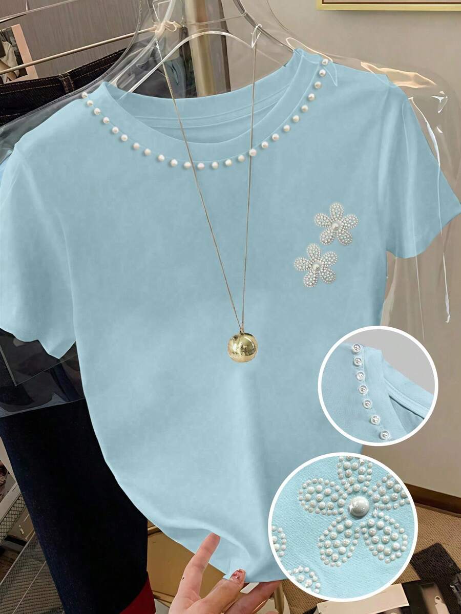 INAWLY 重工镶嵌闪亮白色仿珍珠，烫珠，仿珍珠小花，时尚有气质，现在流行，时尚T恤，时尚T恤，送给兄弟姐妹的礼物，送给姐妹的礼物，送给妈妈的礼物，母亲节礼物，休闲简约时尚上衣，花卉浅蓝色女士T恤