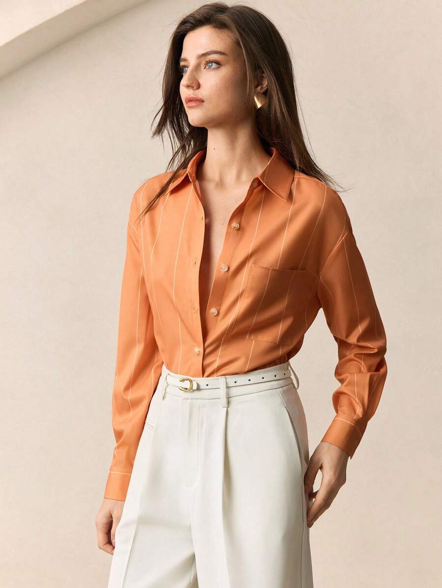 BizChic Áo cánh satin sang trọng dài tay hở ve cam phía trước dành cho nữ, trang phục công sở đơn giản, thanh lịch, tối giản, thích hợp mặc đi làm, đồng phục giáo viên, khách dự tiệc cưới, hòa nhạc - Nhiều màu - Xem 1