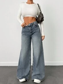EURMUSE VINTAGE Casual WASH HIGH WAIST WIDE LEG CUT FRAYED HEM Y2K STYLE JEAN Summer Everyday Light Blue - Dusty Blue - View 6