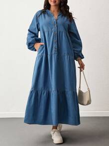 EURMUSE Vestido con detalles de volantes y botones delanteros para tallas grandes - Azul - Ver 6