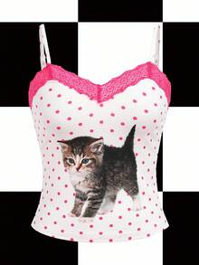 Shutterstock Y2Kool 可爱猫咪图案，Y2K风格，休闲修身V领吊带背心，蕾丝拼接，波点图案，撞色设计，粉白配色，适合夏季、派对、日常穿着，性感百搭单品。 - 彩色 - 查看 1