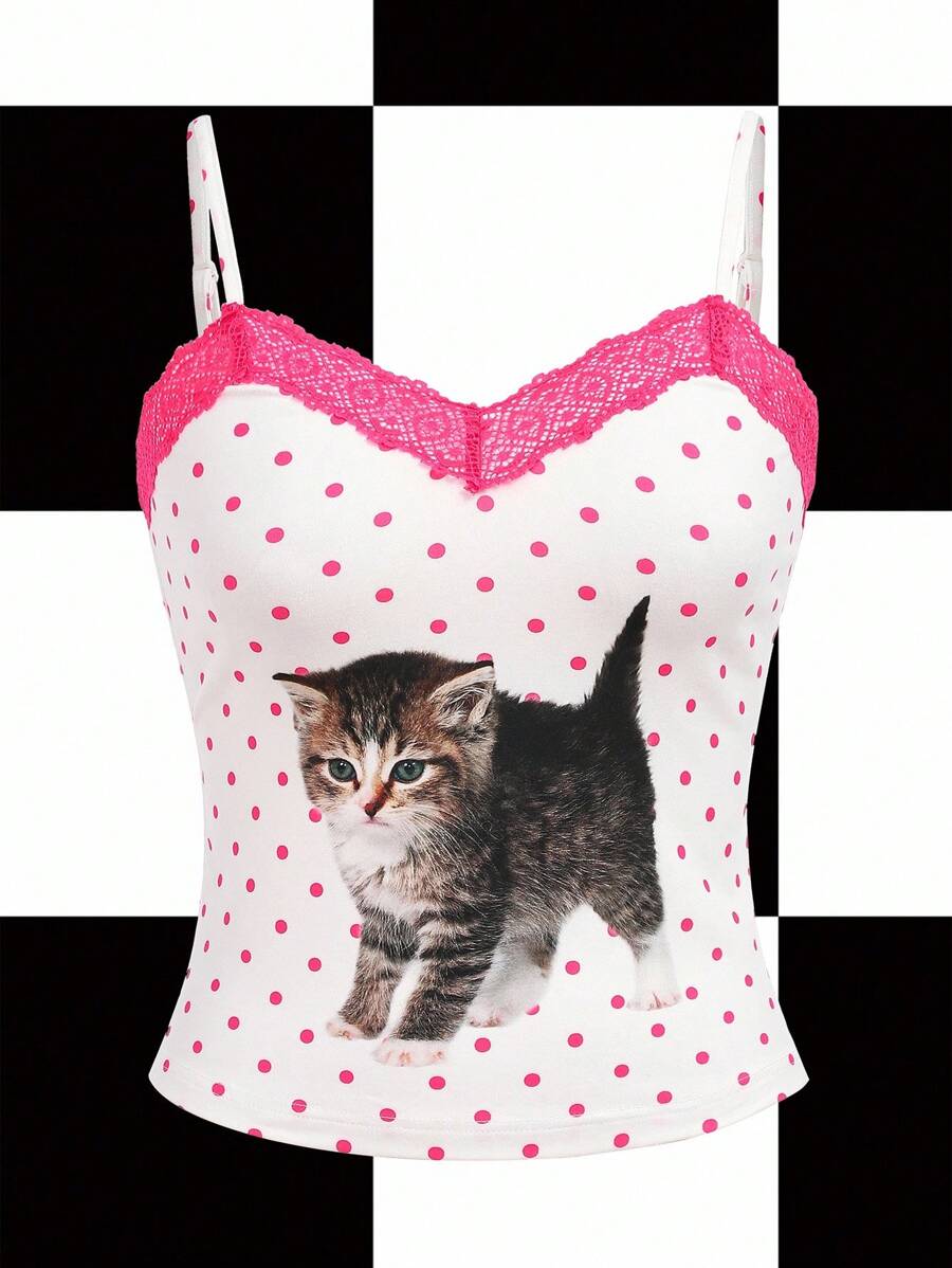 Shutterstock Y2Kool 可爱猫咪图案，Y2K风格，休闲修身V领吊带背心，蕾丝拼接，波点图案，撞色设计，粉白配色，适合夏季、派对、日常穿着，性感百搭单品。 - 彩色 - 查看 1