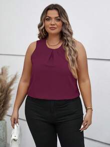 SHEIN Clasi Kemeja Kasual Tanpa Lengan Ukuran Besar Warna Polos, Musim Panas - Red Violet - View 5