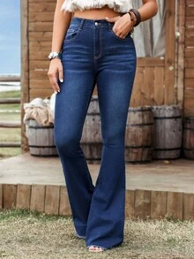 SHEIN 大码女式休闲弹力口袋牛仔裤 - 中等水洗藍 - 查看 3