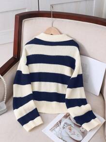 SHEIN Tween Girl 休闲罗纹圆领套头毛衣，学院风，秋冬 - 彩色 - 查看 2