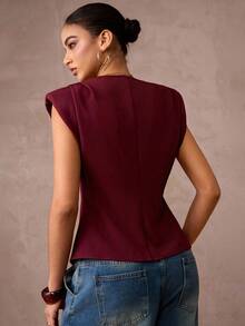 Lumalex Burgundy,Summer,Elegant,Night Out Women's V Neck Asymmetrical Hem Shirred Waist Wide Shoulder Blouse Glitter Holiday Party Rave Bohemian Luxury Top - Burgundy - View 2