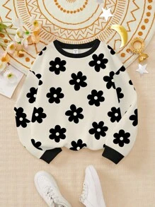 SHEIN Young Girl Happikins Cream White, Cute Floral Print, Y2K, City Walk, Streetwear Vibe, Casual Loose Fit Crew Neck Comfortable Daily Knit Long Sleeve Sweatshirt, Suitable For Autumn/Winter, Streetwear Vintage, Summer For Easy Comfort, Autumn Layers, Stylish, Casual Wear, Graphic, Fall, Back To School, Homecoming, Suitable For Outdoor Picnic, Outing, Street Photography, Home, Campus - Multicolor - View 2