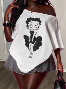 Betty Boop x SHEIN Slaydiva Plus Size Women's 2025 Autumn And Winter Fall Halloween Daily Casual & Streetwear White Loose Short Sleeve Betty Cartoon Graphic T-Shirt Dress, Birthday Dress