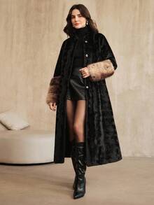 Anewsta Women's Fashionable & Elegant Long Black Faux Mink & Faux Fox Fur Cuff Jacket, Autumn/Winter - Black - View 4