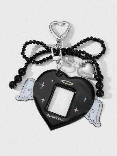 Anime 1pc Y2K Style Vintage Gothic Handmade Beaded Black Round Bead Bow, CCB Wing Heart ID Card Holder, DIY Keychain Bag Charm, Suitable For Women, Daily Wear, Holiday Gift