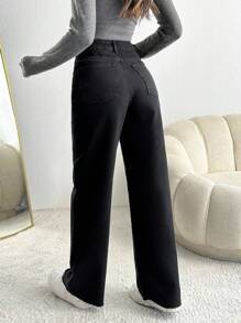 EURMUSE Damen High-Waist Weite Bein Jeans 100% Baumwolle - Schwarz - Übersicht 2
