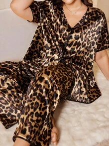 SHEIN Plus Size Elegant Leopard Print Mock Neck Loungewear Set Leopard Pajamas Women Cheetah Print Pajamas Plus Size Leopard Pajamas