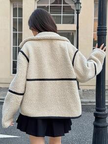 SHEIN 少女杏色仿毛领宽松休闲通勤外套，适合秋冬季日常通勤 - 杏色 - 查看 2