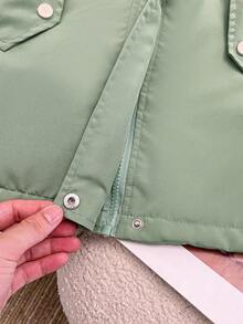 1 Stück Mädchen Farbblock Gepolsterte Jacke, Fleece Futter, Kapuze, Kunstfell Kragen, Reißverschluss, Taille, große Taschen, Winter