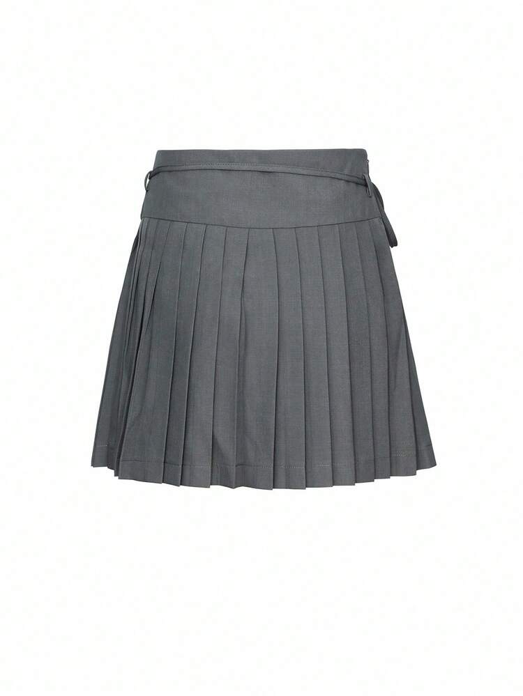 Solid Color Bowknot Pleated Casual A-Line Skirt, Versatile College Style
