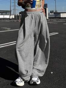 DAZY 女士纯色宽松褶皱运动裤，休闲运动裤，保暖内衬，厚款，适合秋冬季女士慢跑裤 - 淺灰色 - 查看 5