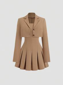 Sweetra Retro British Style Halter Pleated Dress & Casual Slim Fit Suit Set, Chic French Street Fashion For Early Autumn