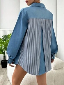 EURMUSE Oversize Jacket With Text Print On The Pocket, Hybridized With Denim-Look Fabric And Striped Fabric - Blue - View 2