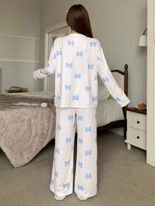 少女春秋条纹纹理可爱蝴蝶结图案印花开衫睡衣套装，居家休闲 - 藍白色 - 查看 2