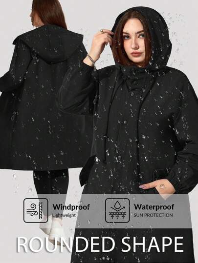 Enliva Jolene.Mendez 加大码黑色风衣外套，长袖连帽中长款外套，防水面料，适合户外运动和休闲出游，返校连帽风衣，女士秋季外套，冬季，CURVE PLUS，适合苹果型圆润身材