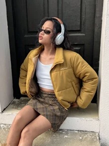 SHEIN Explorewe Teen Girl One Piece Retro Short Stand Collar Padded Coat, Casual Padded Coat, Suitable For Autumn/Winter Daily Wear, Great For School, Outing Or