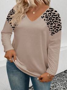 EMERY ROSE Women's Casual V-Neck Bestselling Leopard Print Pattern Plus Size Long Sleeve T-Shirt Fall Cloth For Women - Multicolor - View 4
