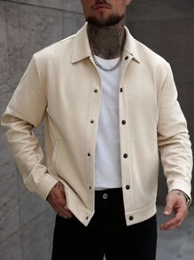 Manfinity CasualCool 男士长袖纯色单排扣休闲夹克，米色，秋季款 - 杏色 - 查看 4