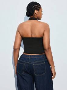 Maija 大码黑色针织挂脖背心毛衣背心金属时尚配饰黑色上衣黑色背心秋冬装女式社交衬衫别致上衣圣诞节万圣节墨西哥非洲 - 黑色 - 查看 3