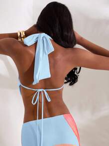 Opulessa Baby Blue Halter Top With Draped Front In Knitted Fabric, Backless Halter Top, Fall Winter - Baby Blue - View 2