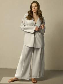 Linhara Ensemble 2 pièces, Top à manches longues et pantalon, grande taille, couleur unie, casual, automne
